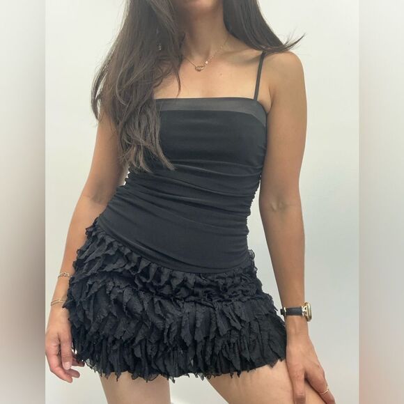 Vintage Y2K Black Spaghetti Strap Ruffle Hem Square Neck Party Mini Dress S - Picture 3 of 11